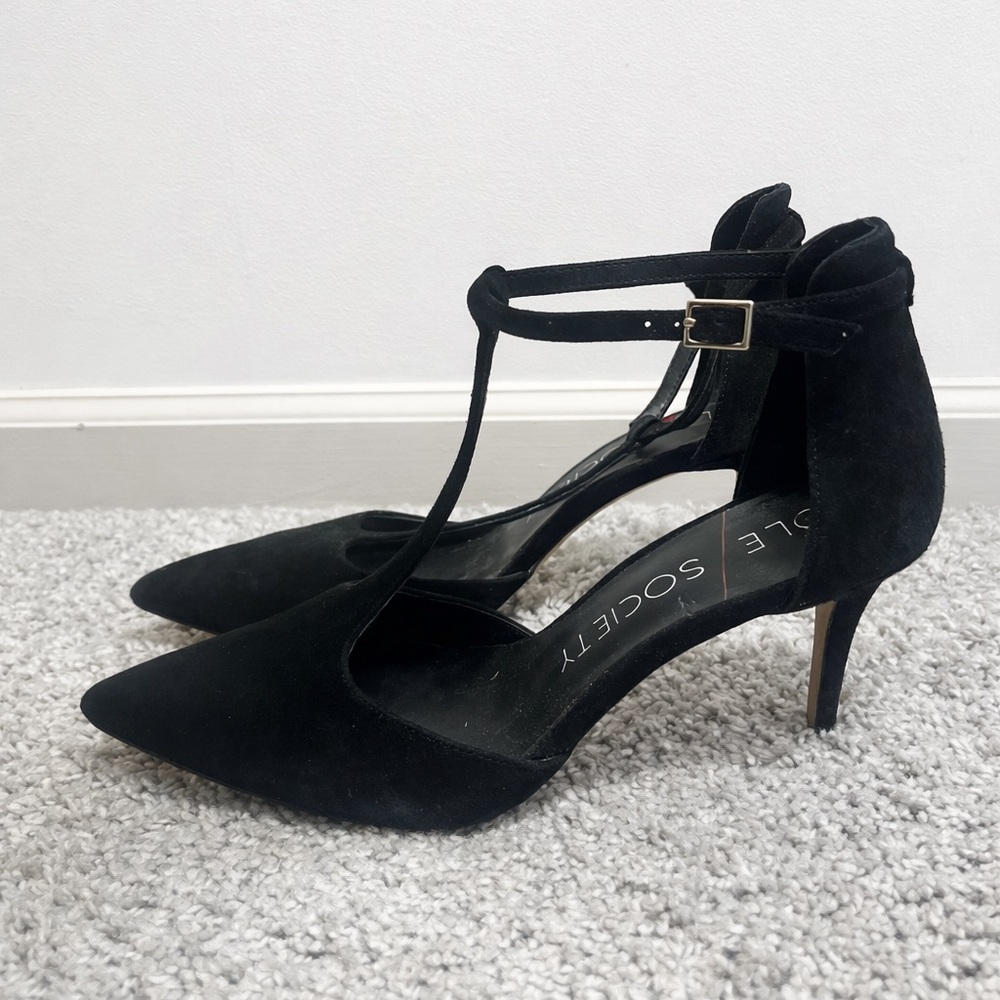 Sole Society Black Suede T-Strap Pointed Toe Heels Size 9